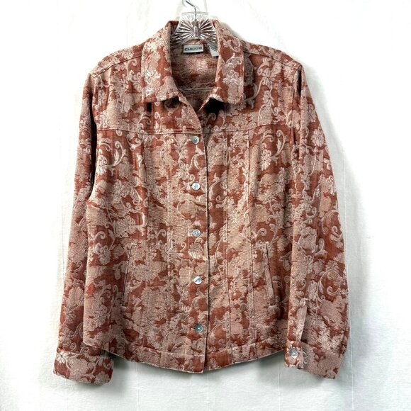 Chico's Jackets & Blazers - Chicos Tapestry Jacket Women Sz 8 Coral Floral Brocade Lightweight MOP Button-Up